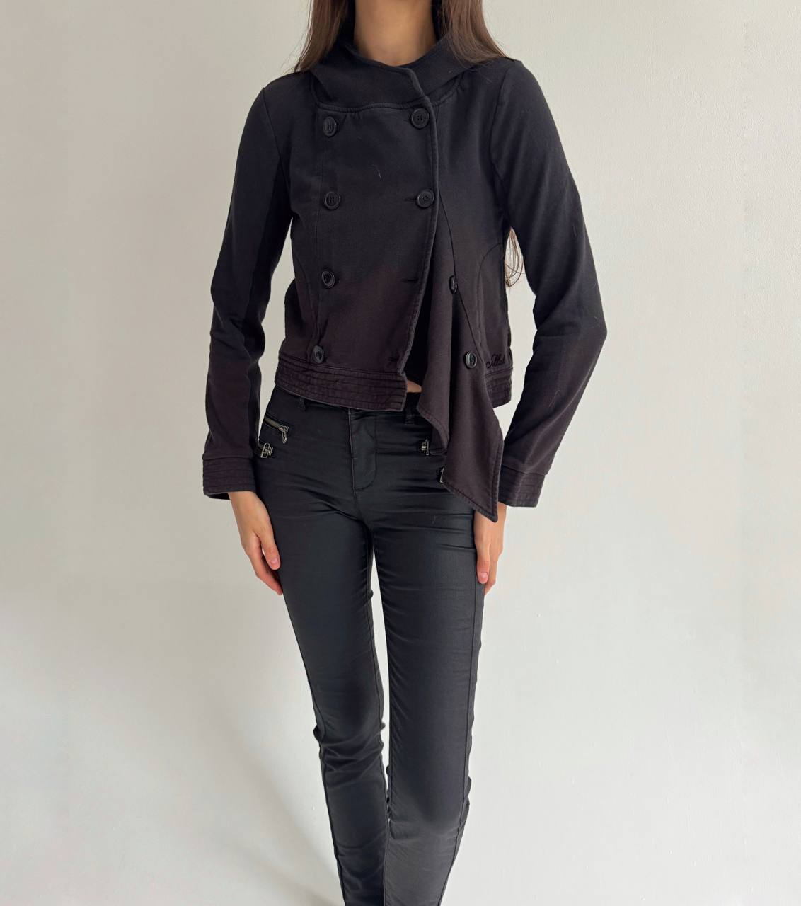 Avant garde cotton black asymmetrical blouse with a hood