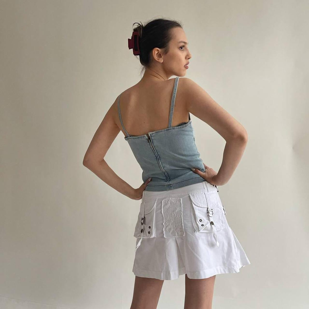 Vintage denim top with suede lace up detail