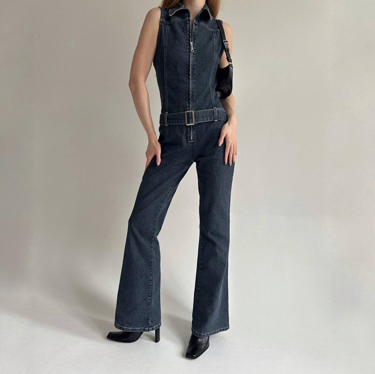 Vintage denim jumpsuit with a belt and front zip