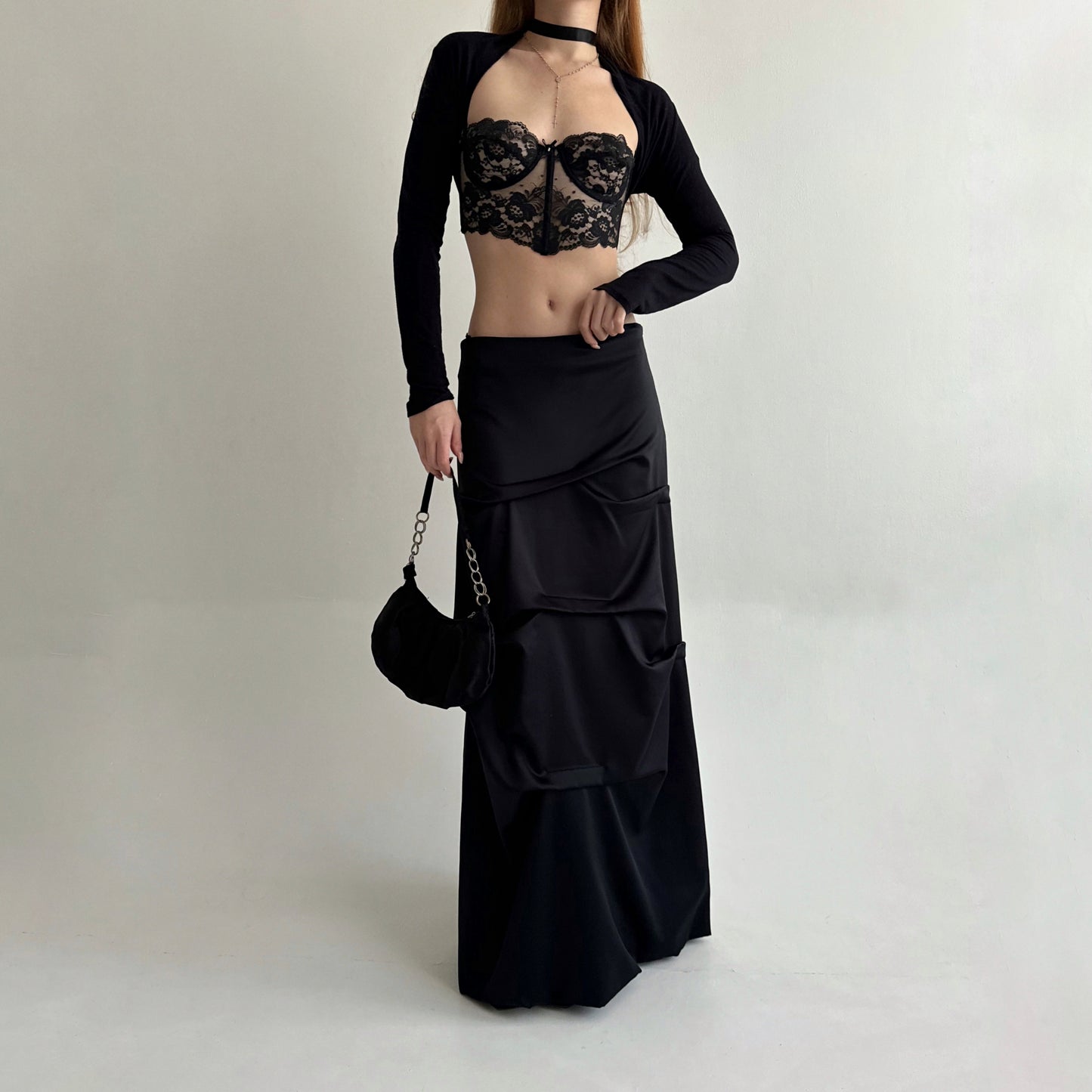 Vintage black maxi skirt with beautifully crinkled fabric