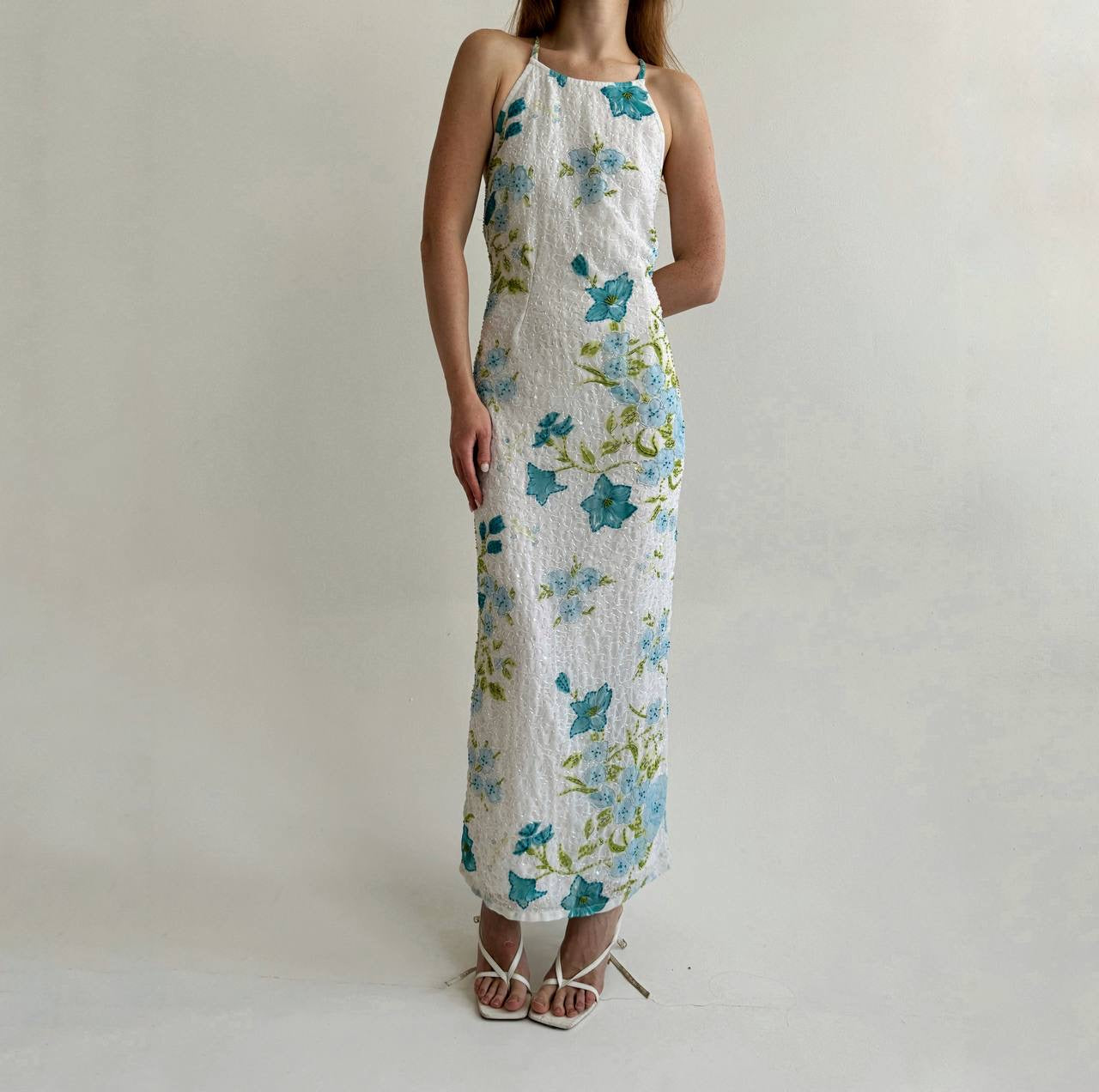 Vintage maxi dress with flowers pattern and beaded swirl