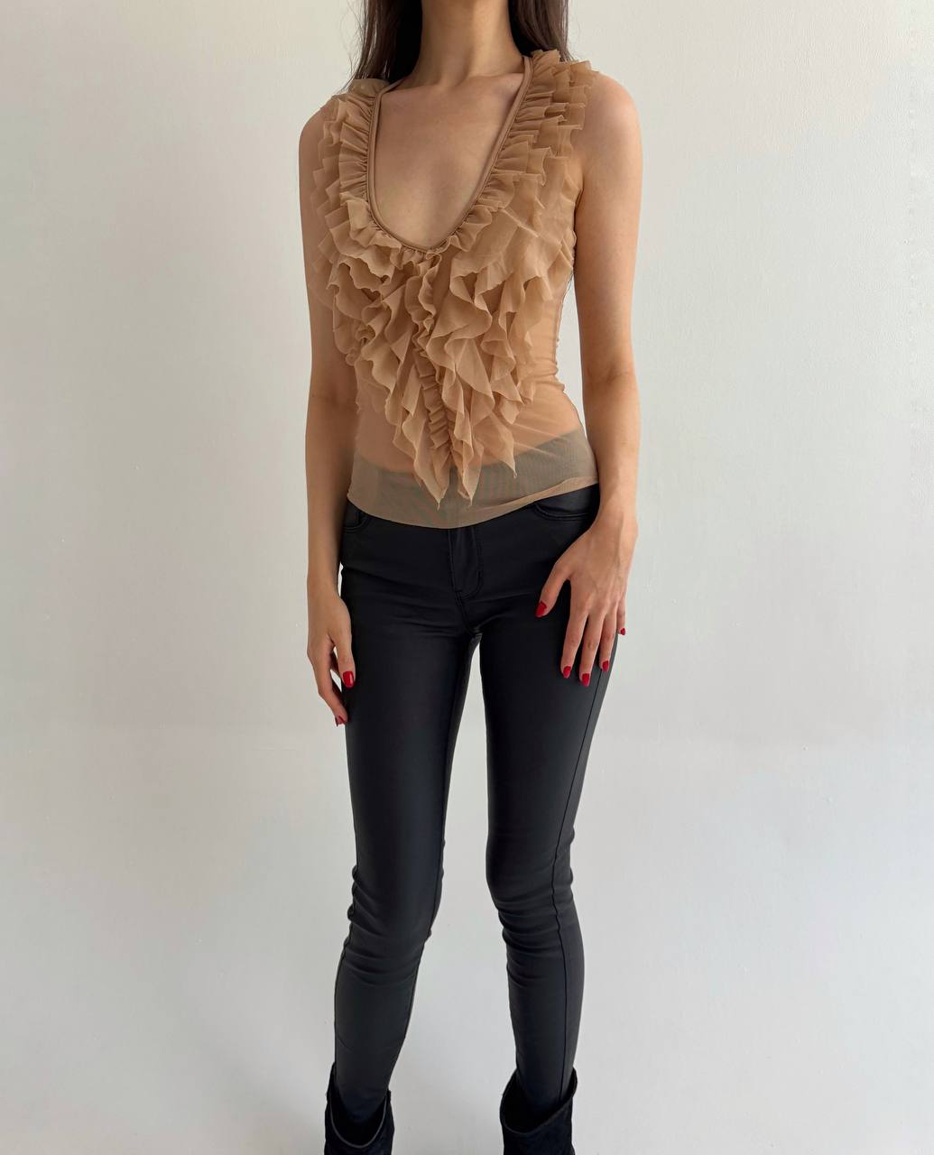 Sisley mesh embroidered ruffled top