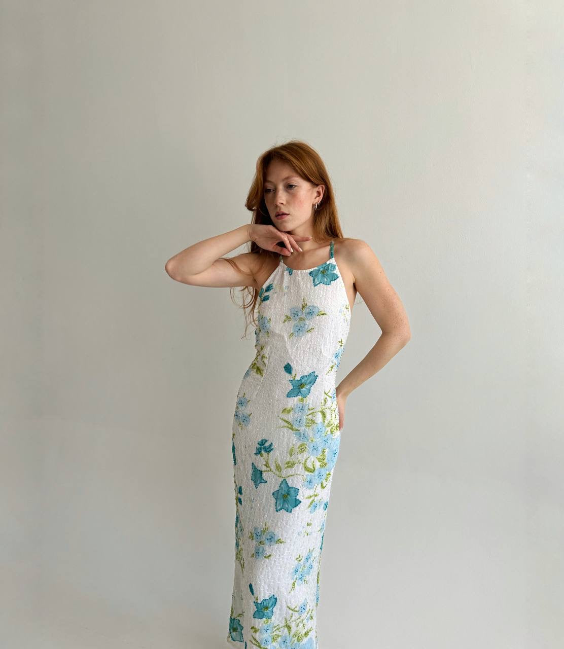 Vintage maxi dress with flowers pattern and beaded swirl