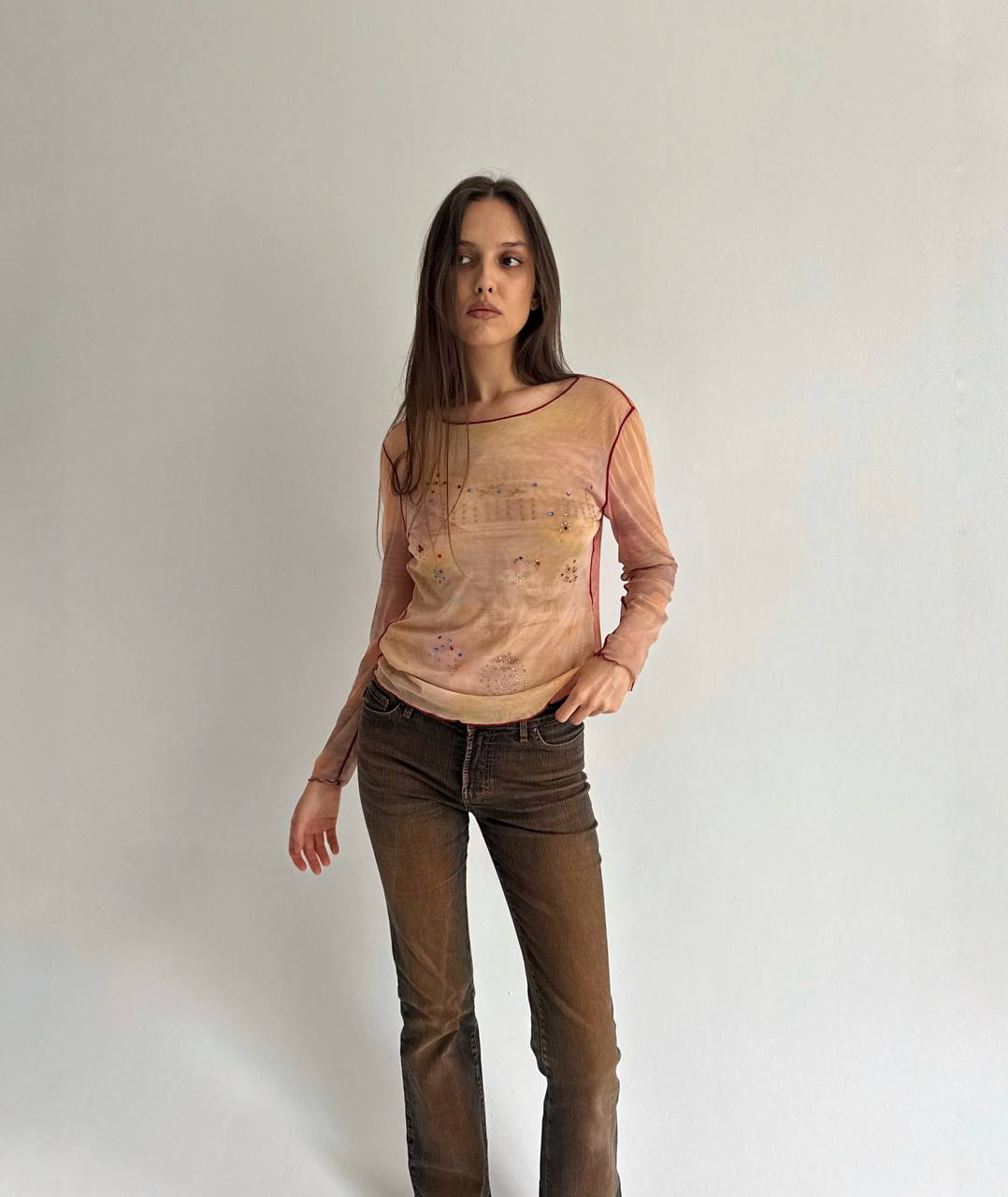 Vintage abstract mesh blouse with rhinestones