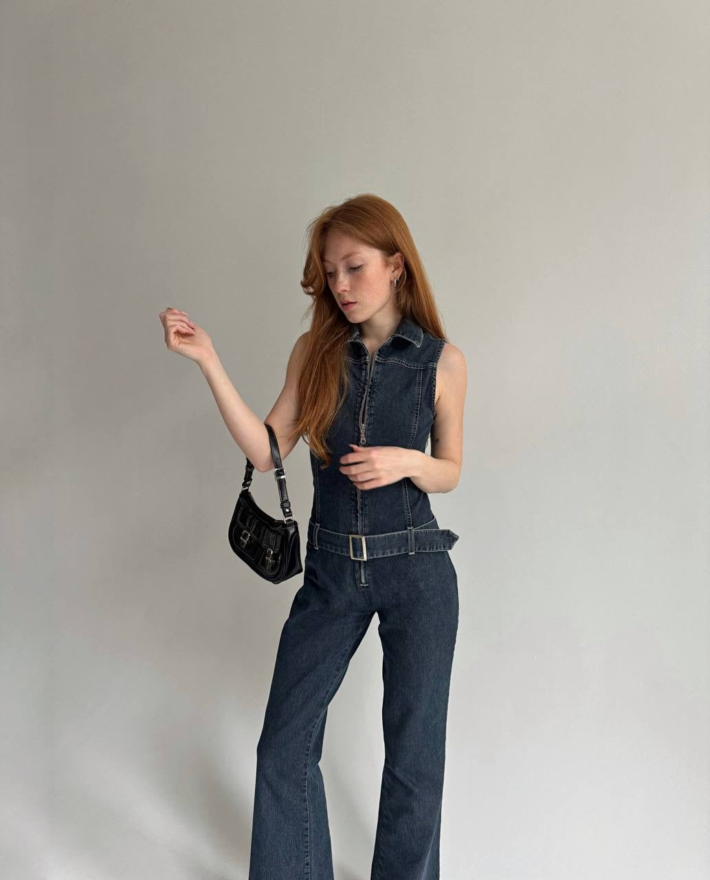 Vintage denim jumpsuit with a belt and front zip