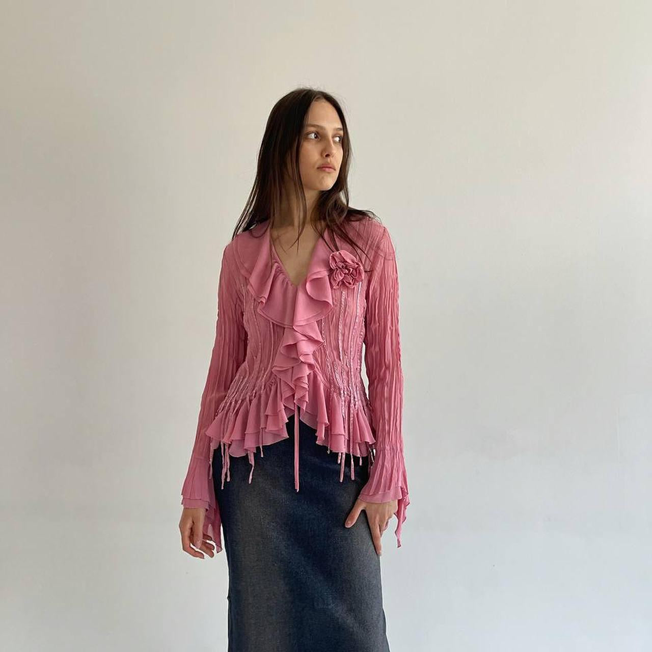 Vintage pink pleated blouse with ruffles and flower appliqué