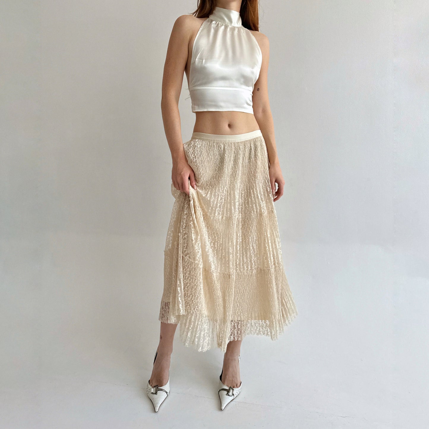 Vintage lace ruched maxi skirt