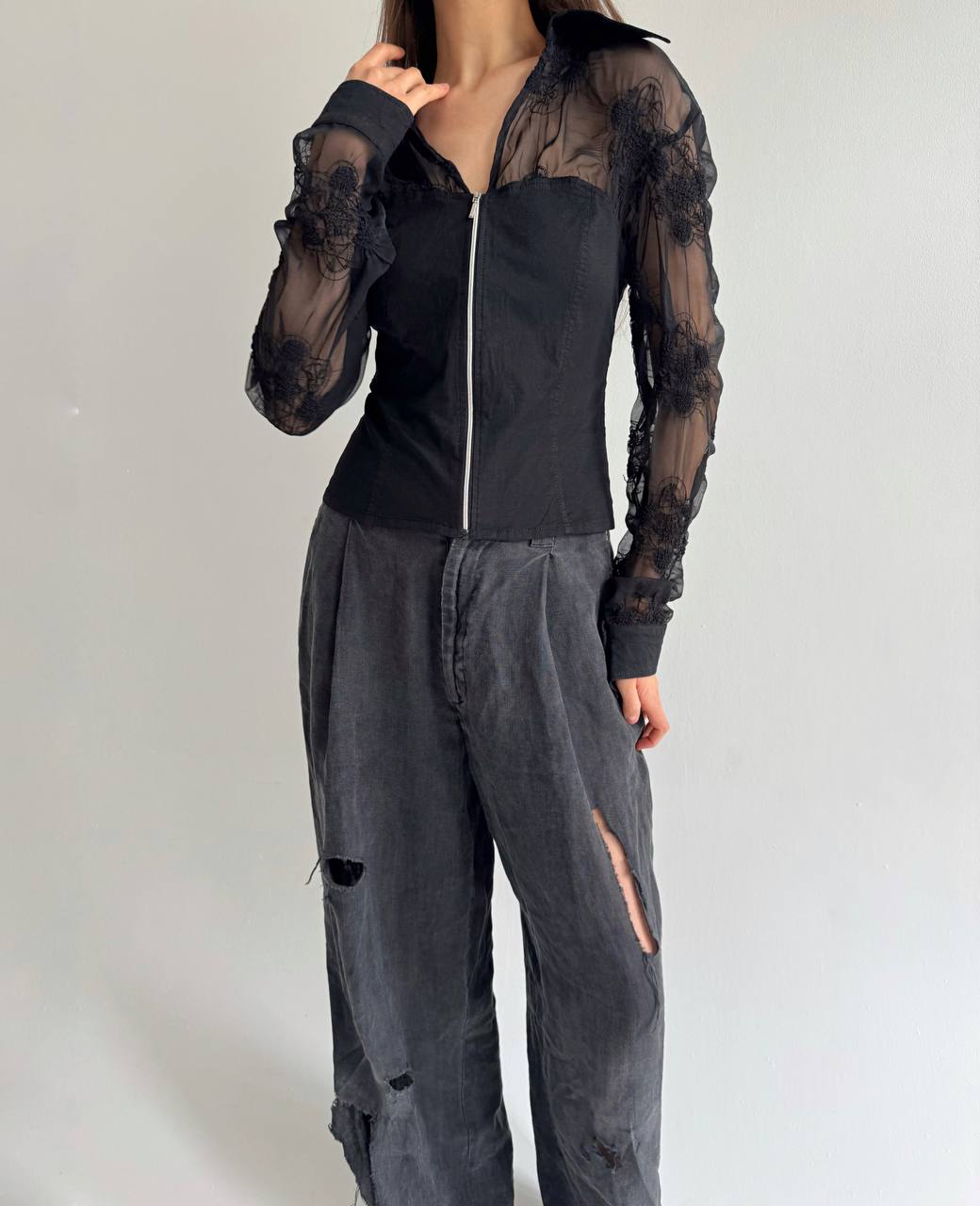 Vintage zip blouse with sheer detail