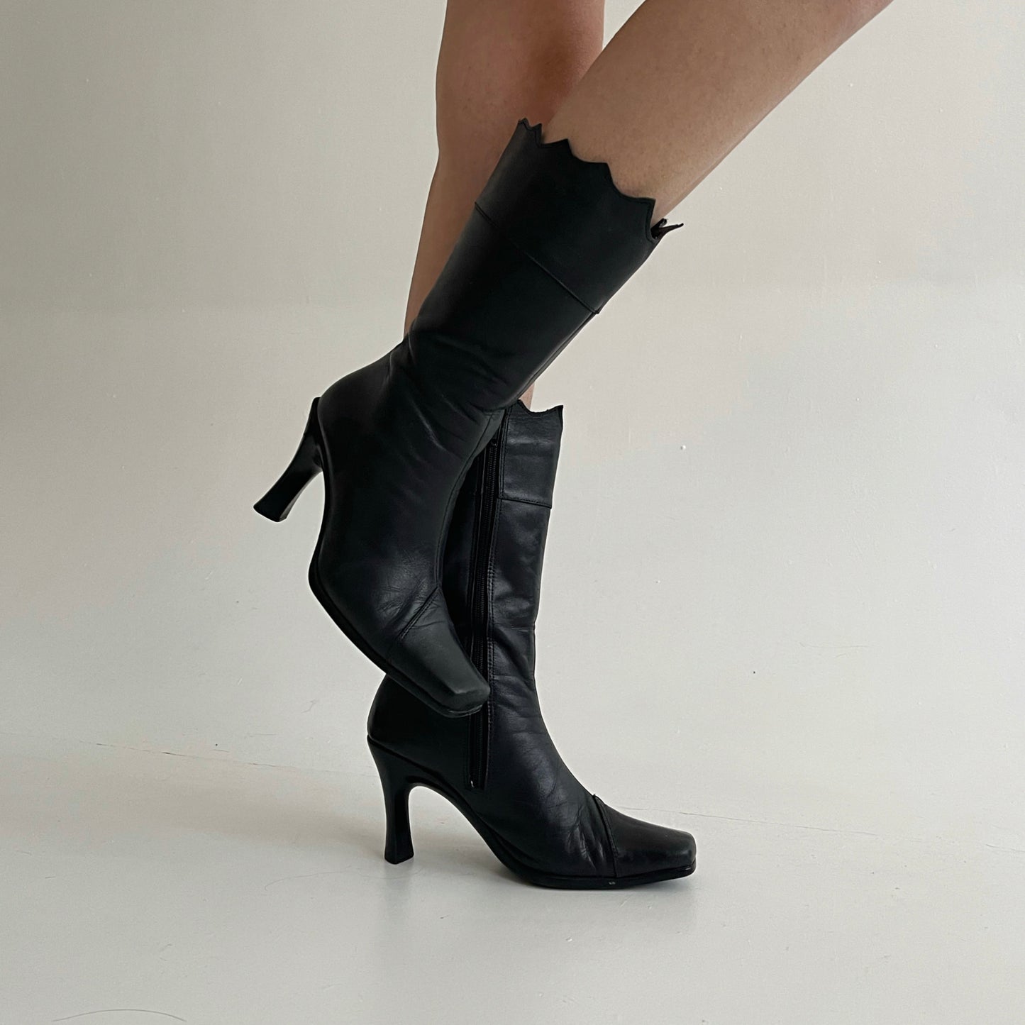 Vintage genuine leather boots with square toe