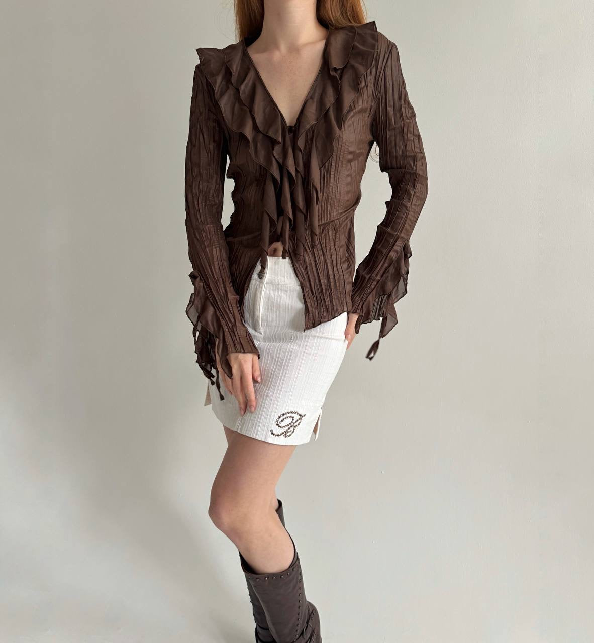 Vintage brown pleated blouse with ruffles
