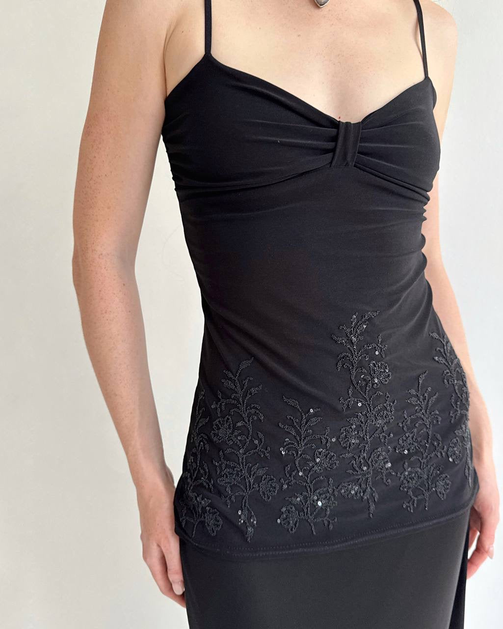 Y2K black cami top with beads embroidery