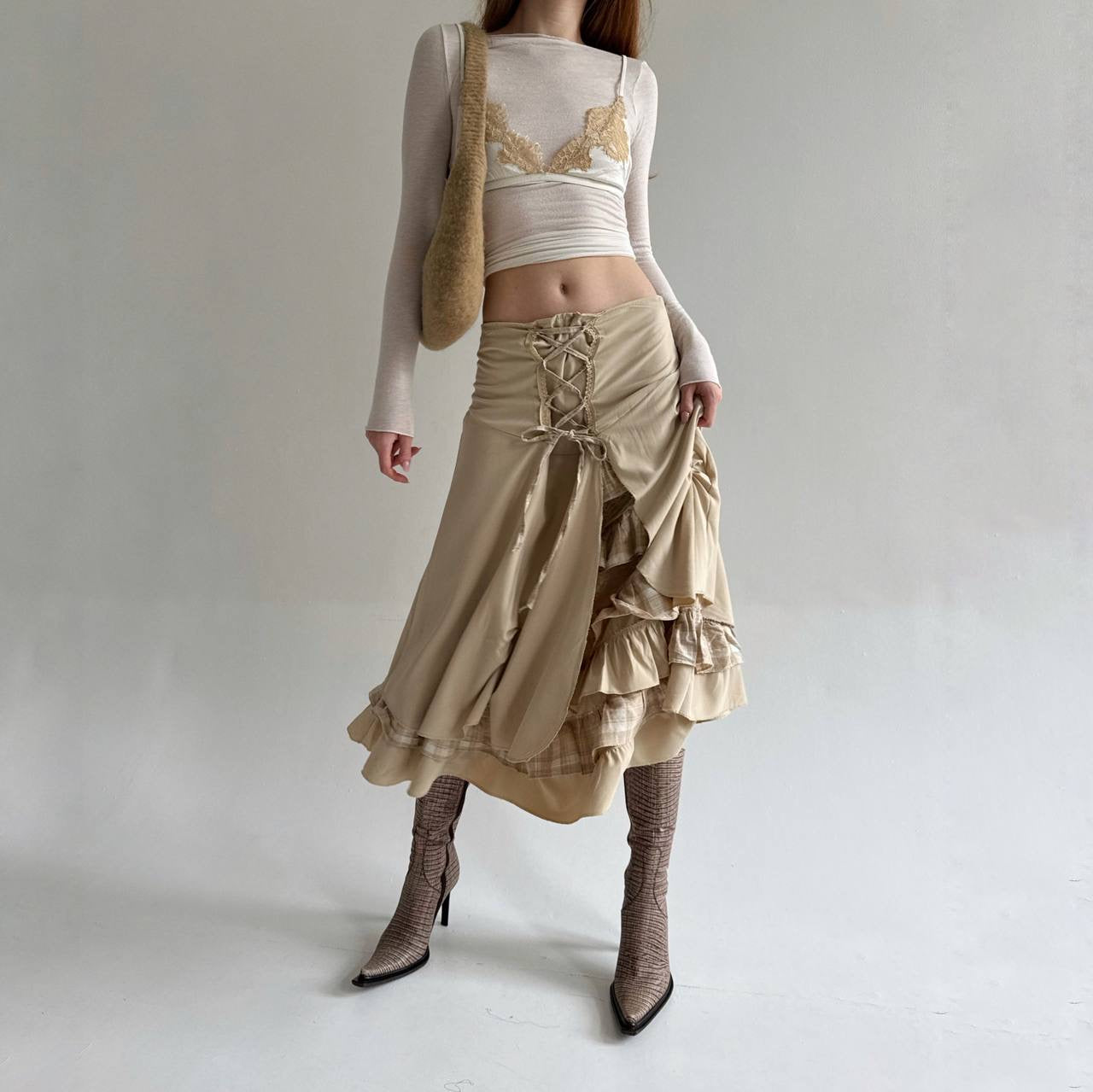 Vintage beige draped skirt with lace and checker pattern details