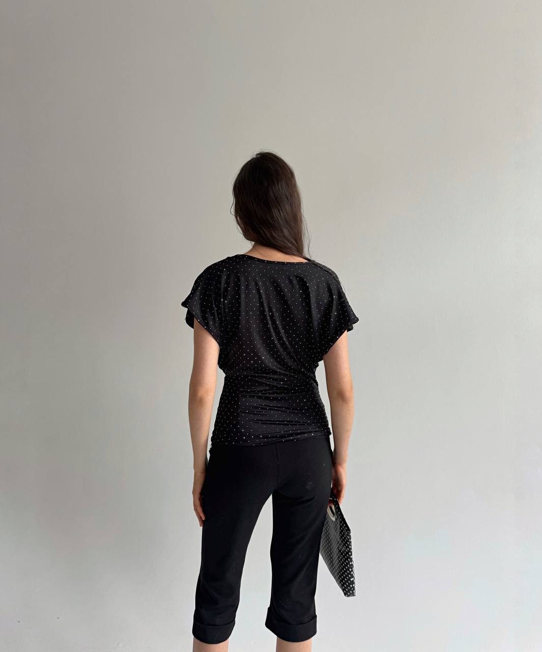 Vintage black draped blouse with rhinestones