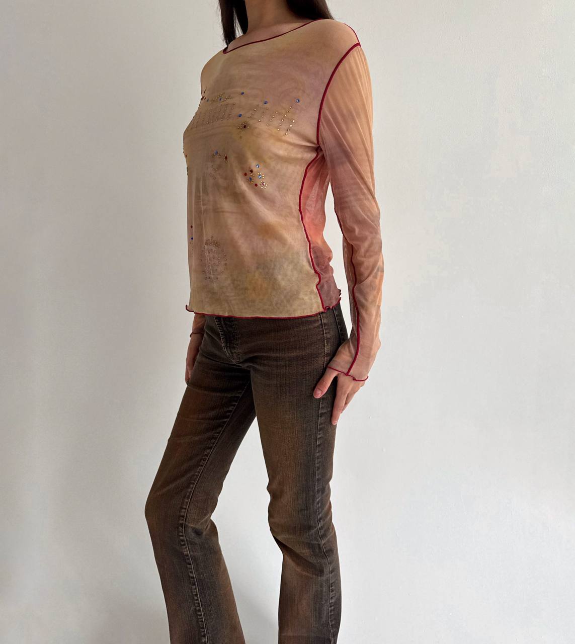 Vintage abstract mesh blouse with rhinestones
