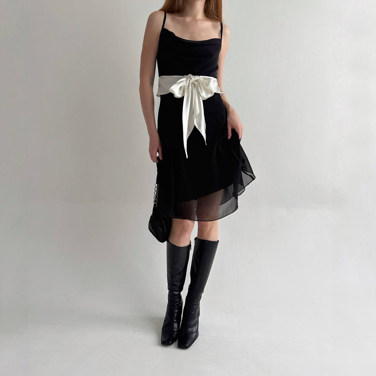 Vintage mini dress with white satin waist tie