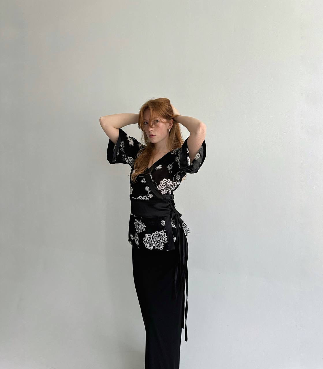 Vintage viscose flower print blouse with side ties