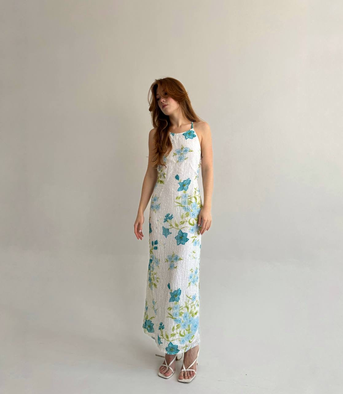 Vintage maxi dress with flowers pattern and beaded swirl