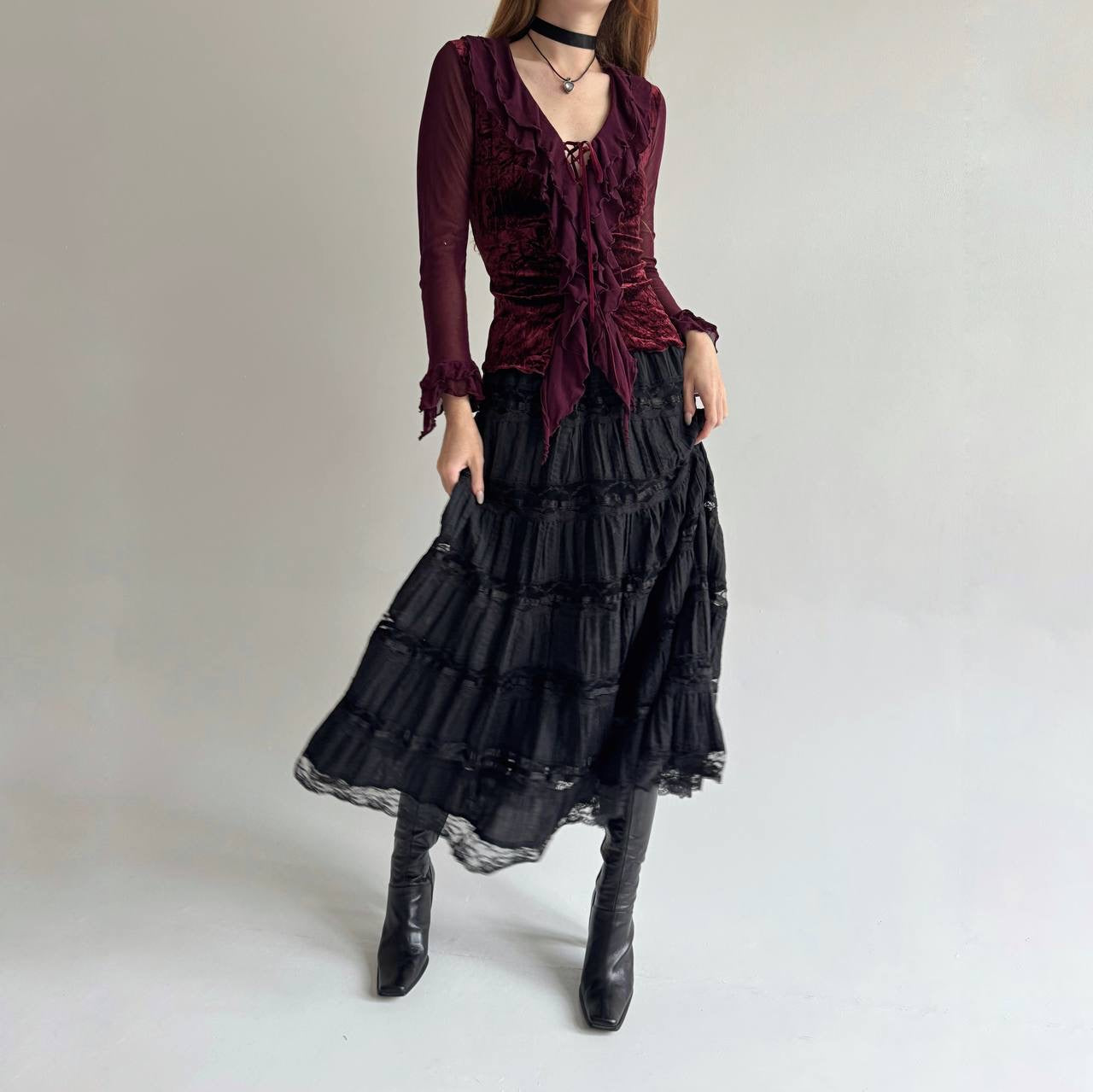 Vintage cotton maxi skirt with lace