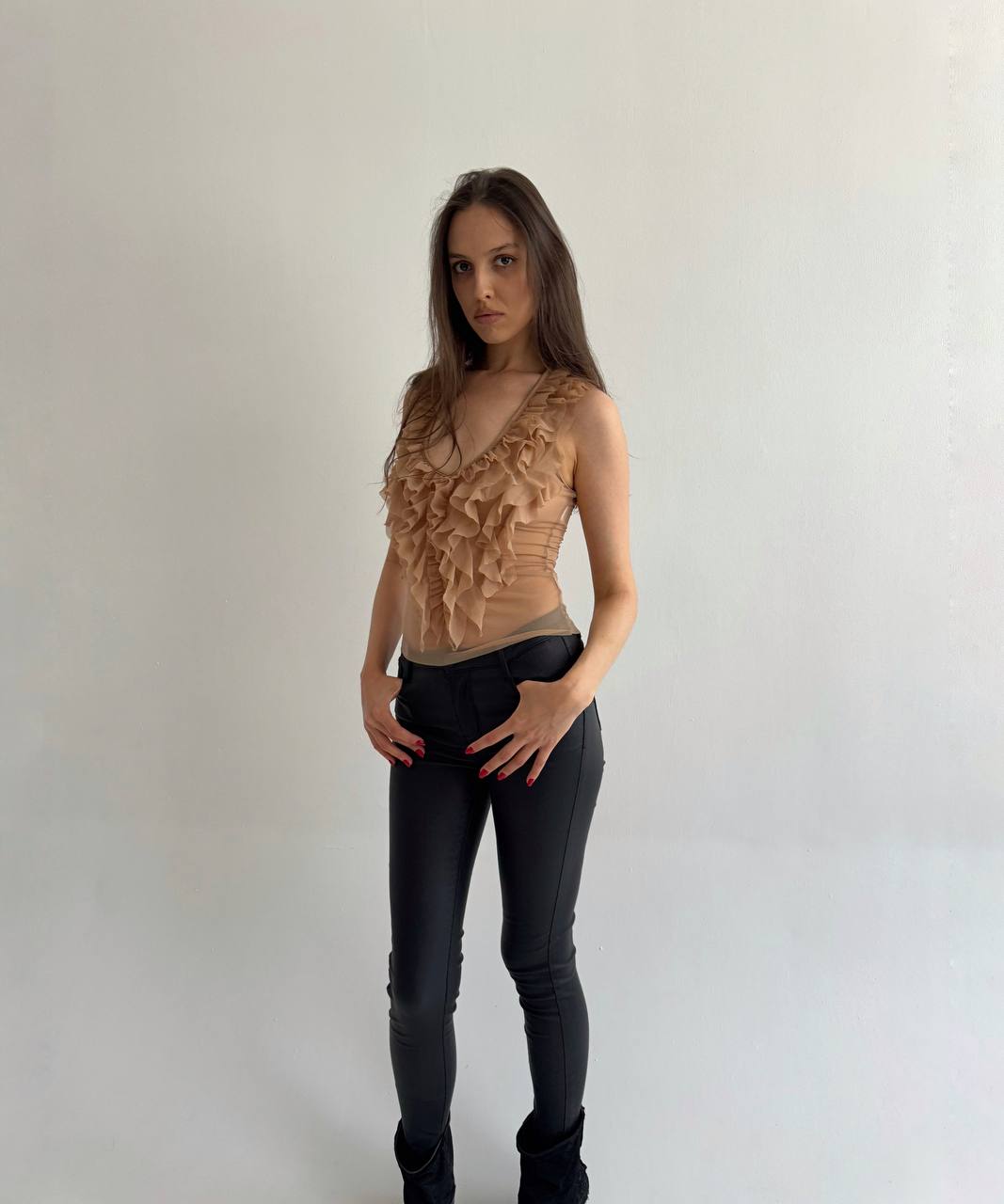 Sisley mesh embroidered ruffled top