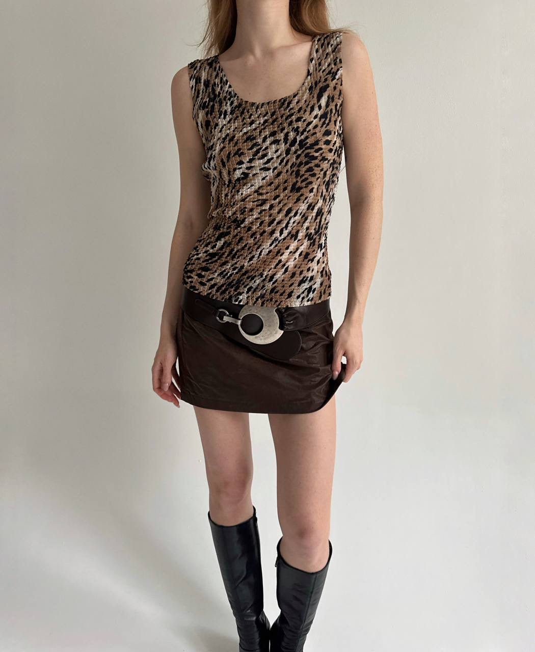 Vintage animal print pleated crinkle blouse