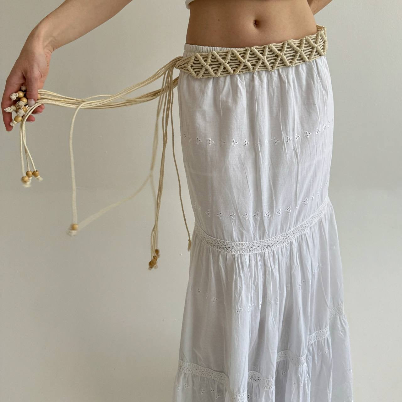Y2K cream crochet macramé belt