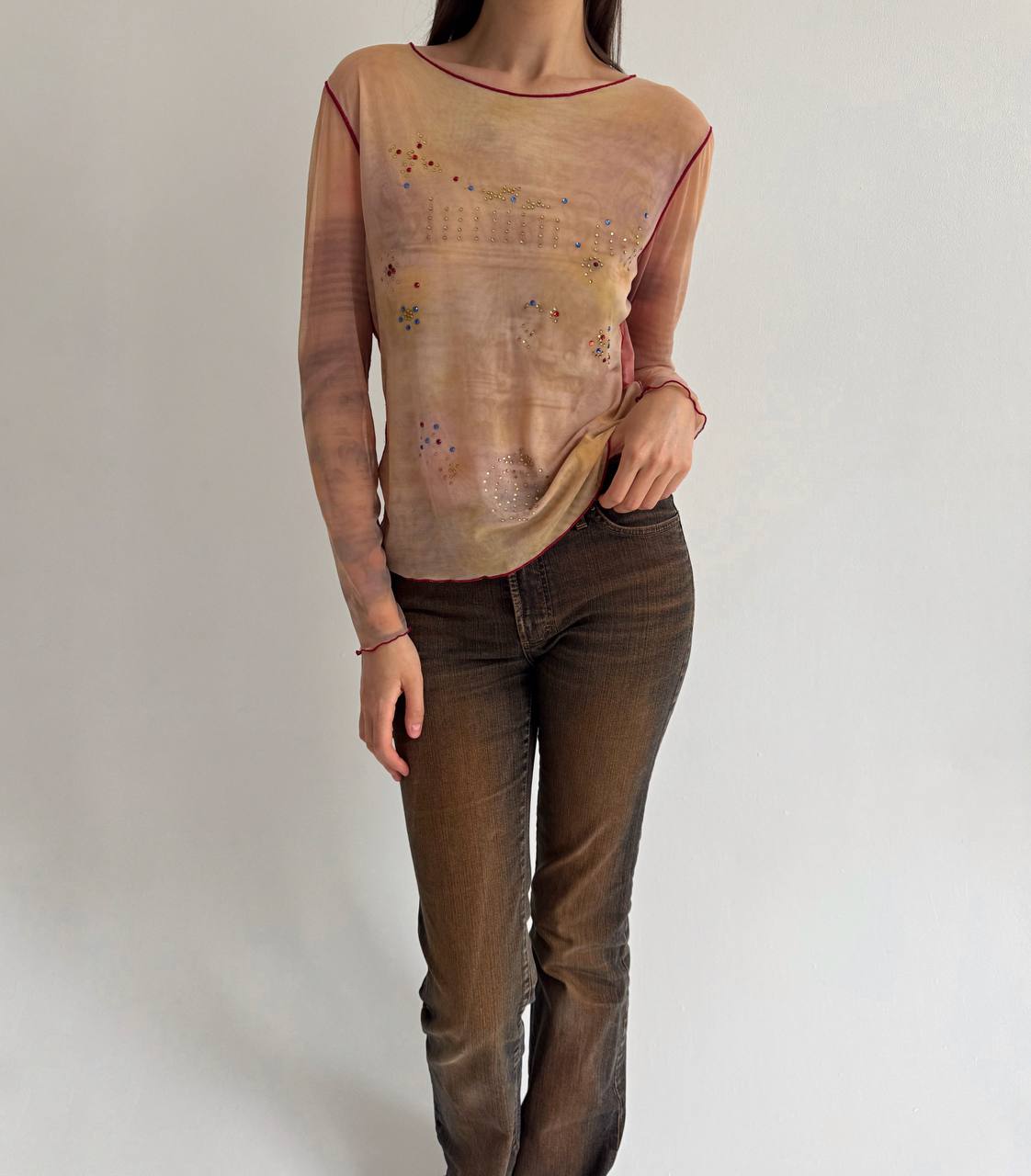 Vintage abstract mesh blouse with rhinestones