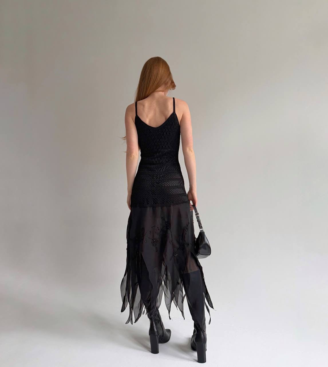 Vintage black 100% rayon asymmetrical long dress