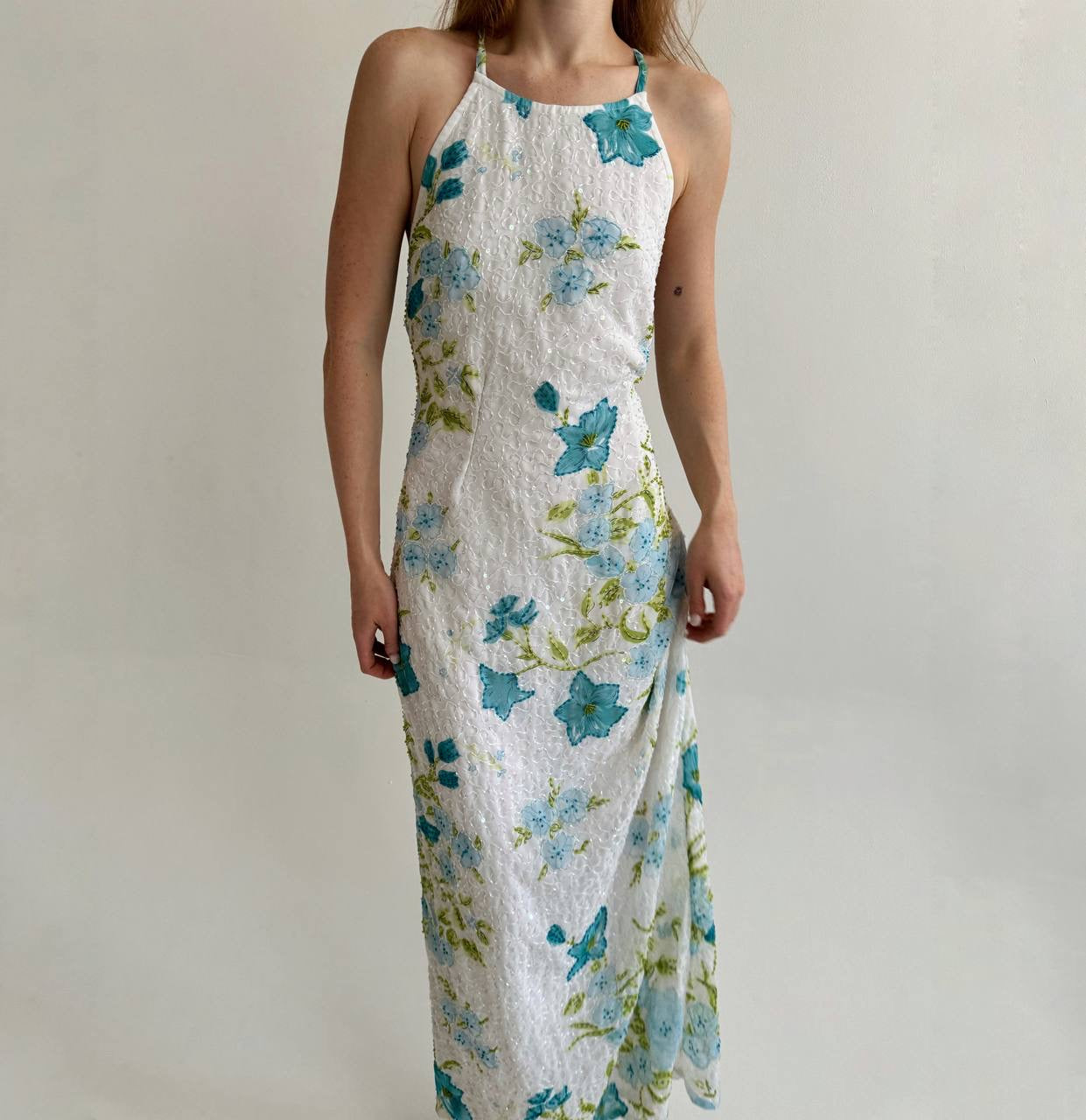 Vintage maxi dress with flowers pattern and beaded swirl