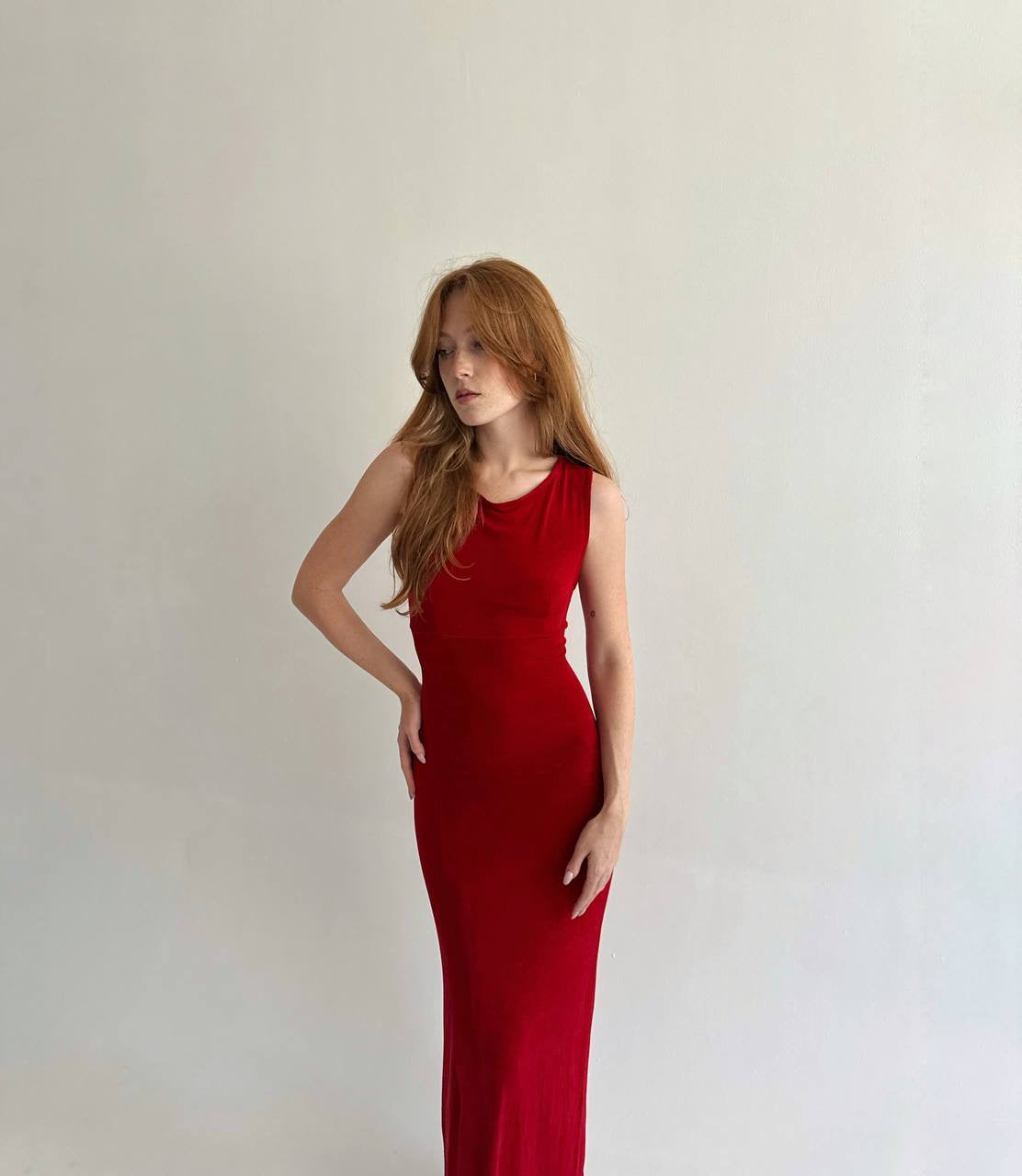Vintage red fitted long dress with open back