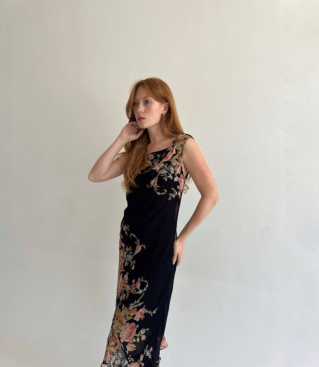Vintage rayon dress with flower print and beads