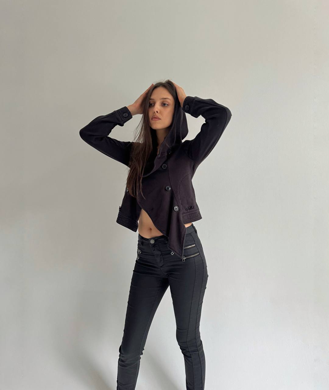 Avant garde cotton black asymmetrical blouse with a hood