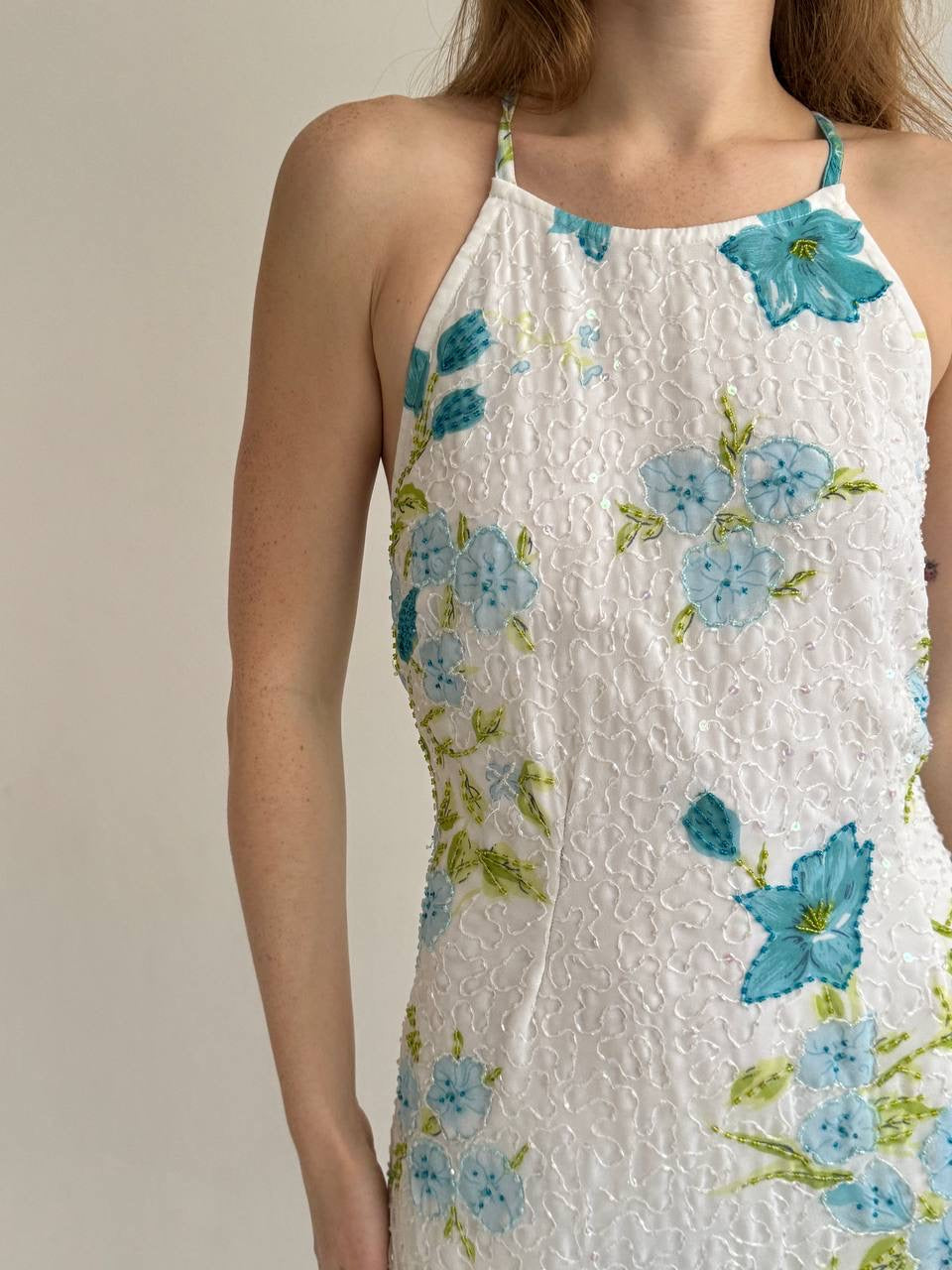 Vintage maxi dress with flowers pattern and beaded swirl
