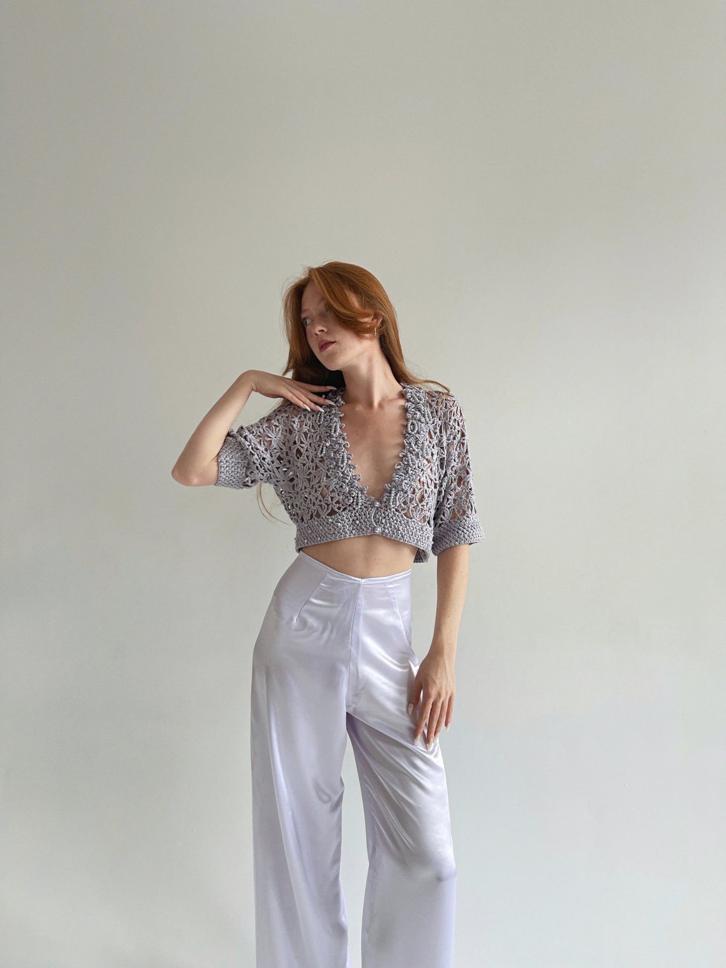 Vintage 65% cotton lilac crochet cropped cardigan