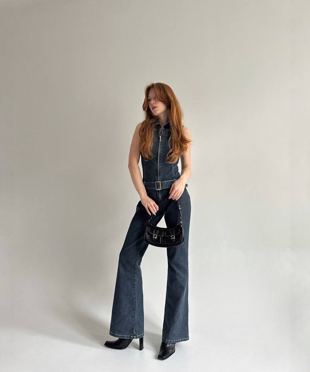 Vintage denim jumpsuit with a belt and front zip