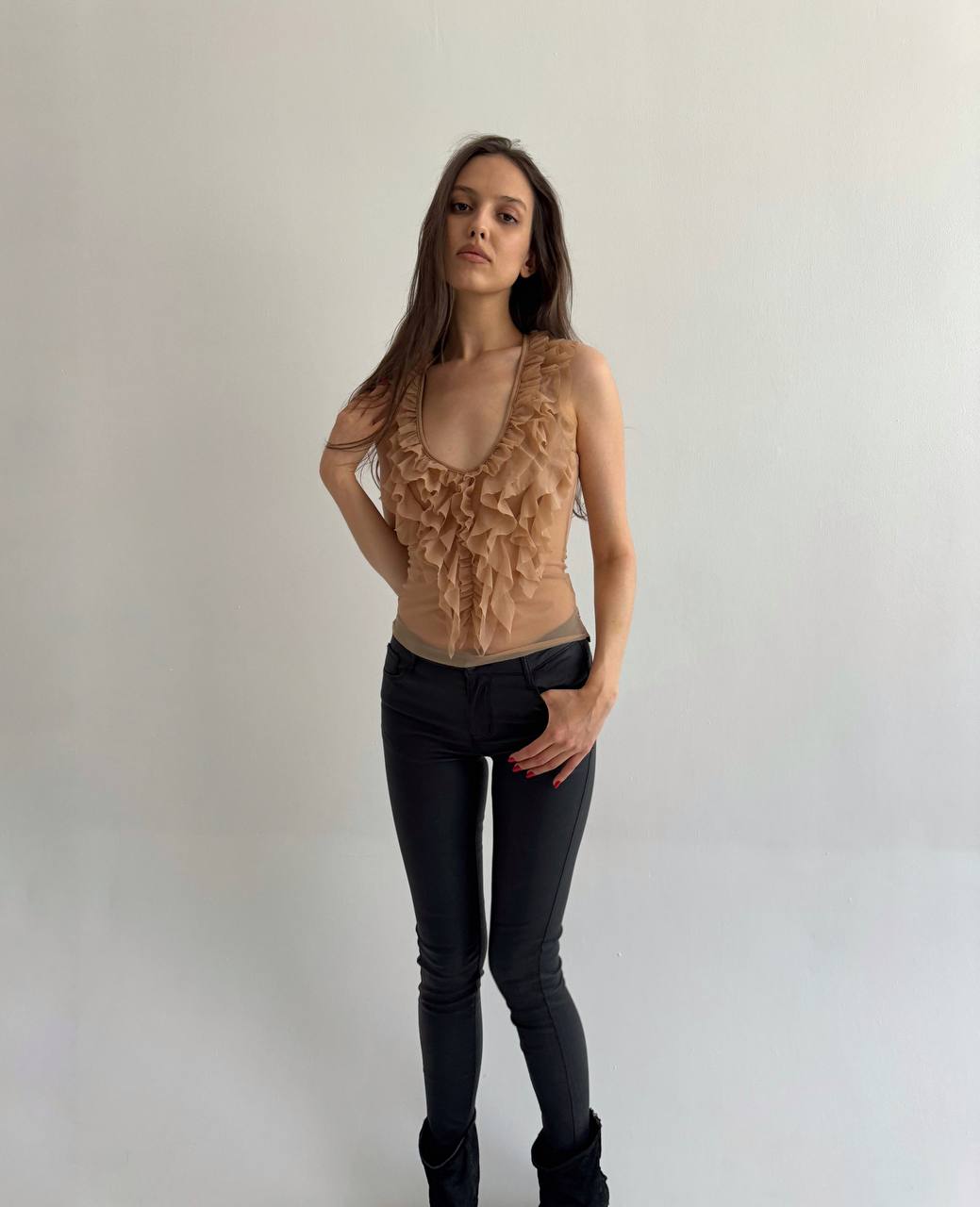 Sisley mesh embroidered ruffled top