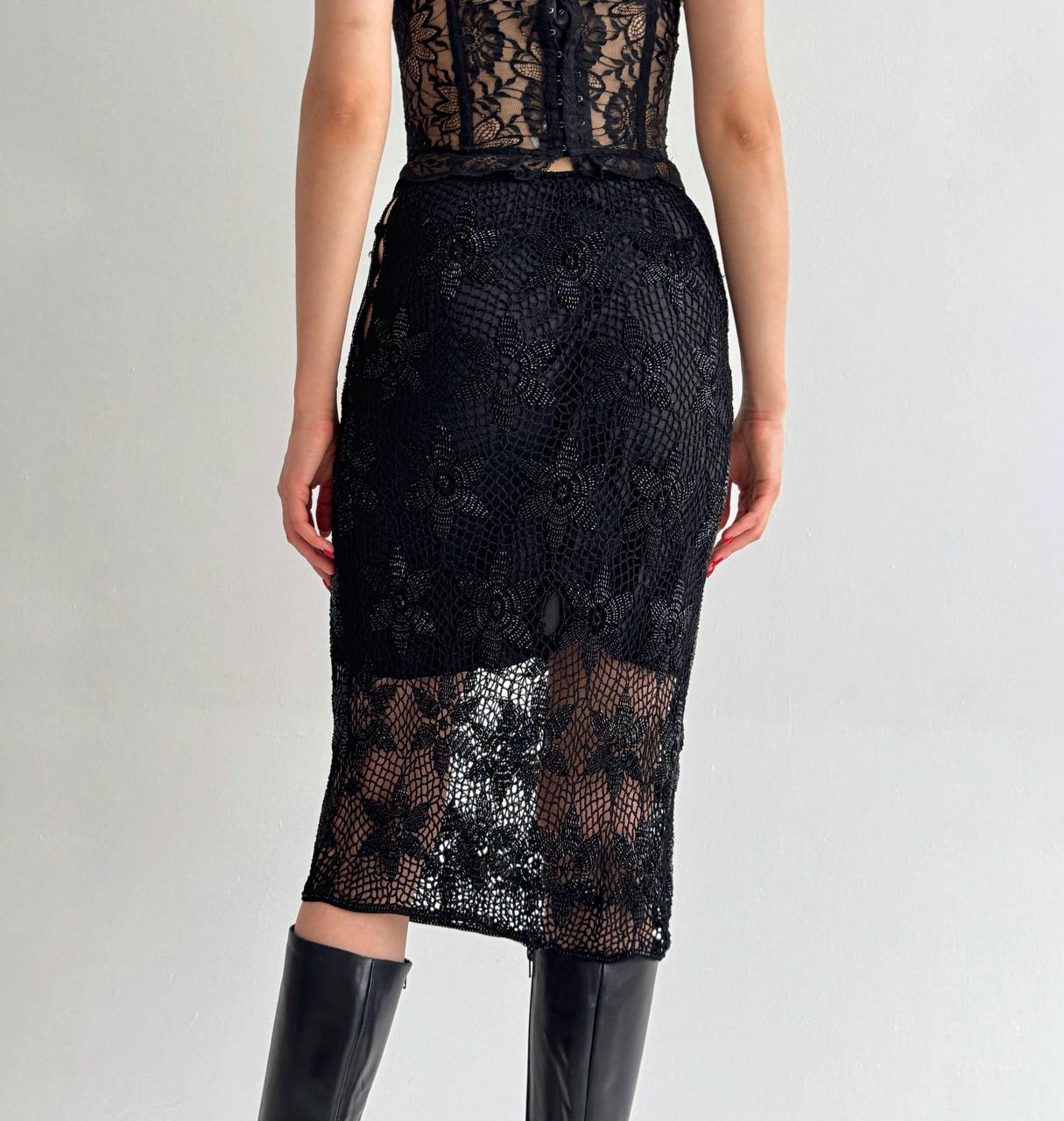 Vintage Alberta Ferretti rayon crochet beaded skirt