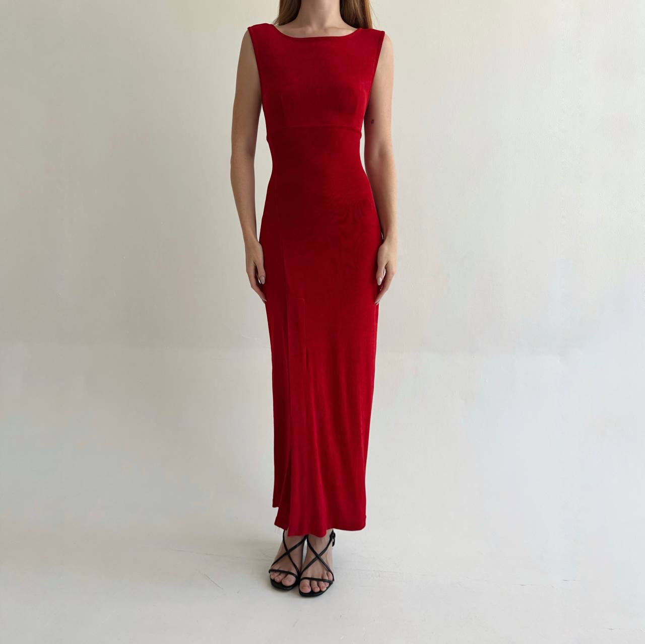 Vintage red fitted long dress with open back