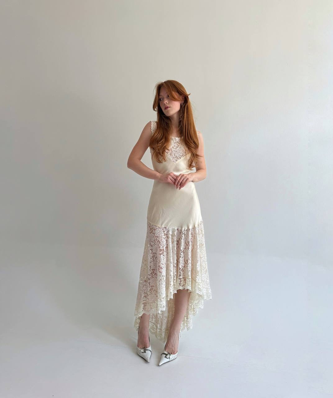 Vintage 80s pure silk antique inspired lace dress