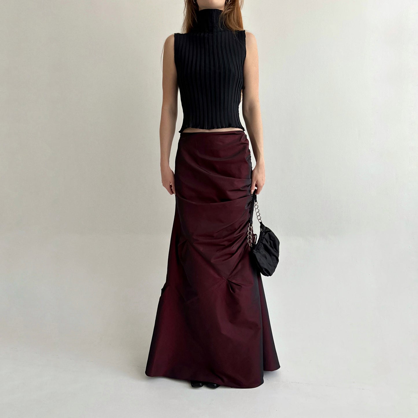 Vintage gothic burgundy maxi skirt with side gathering