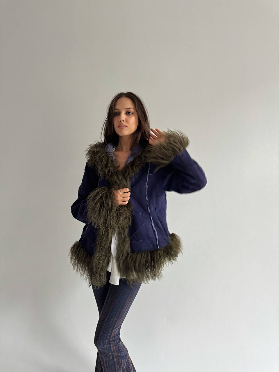 Vintage genuine leather jacket with Mongolian fur
