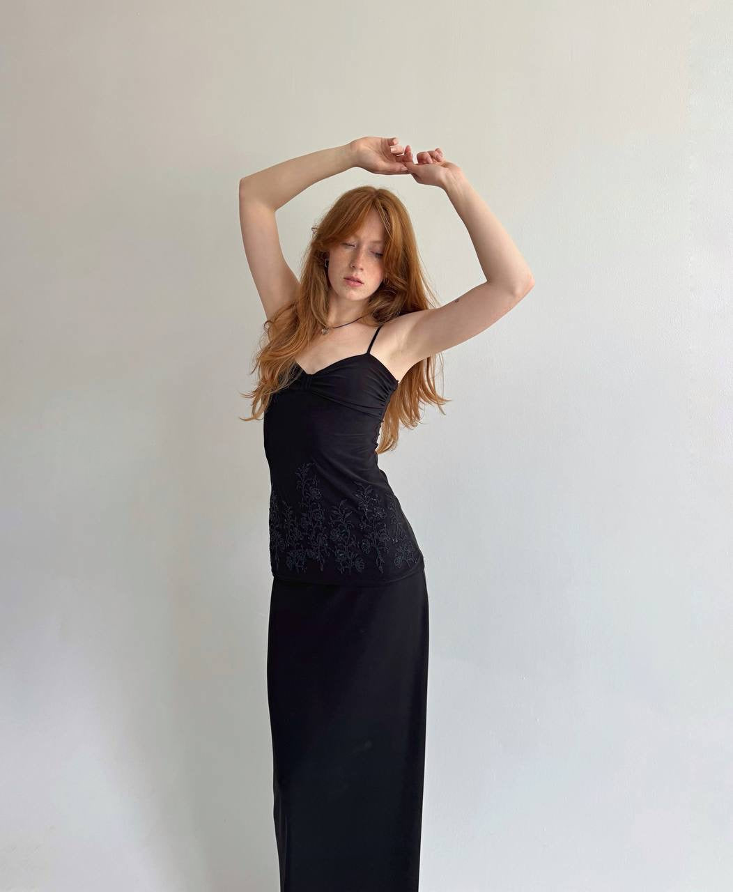 Y2K black cami top with beads embroidery