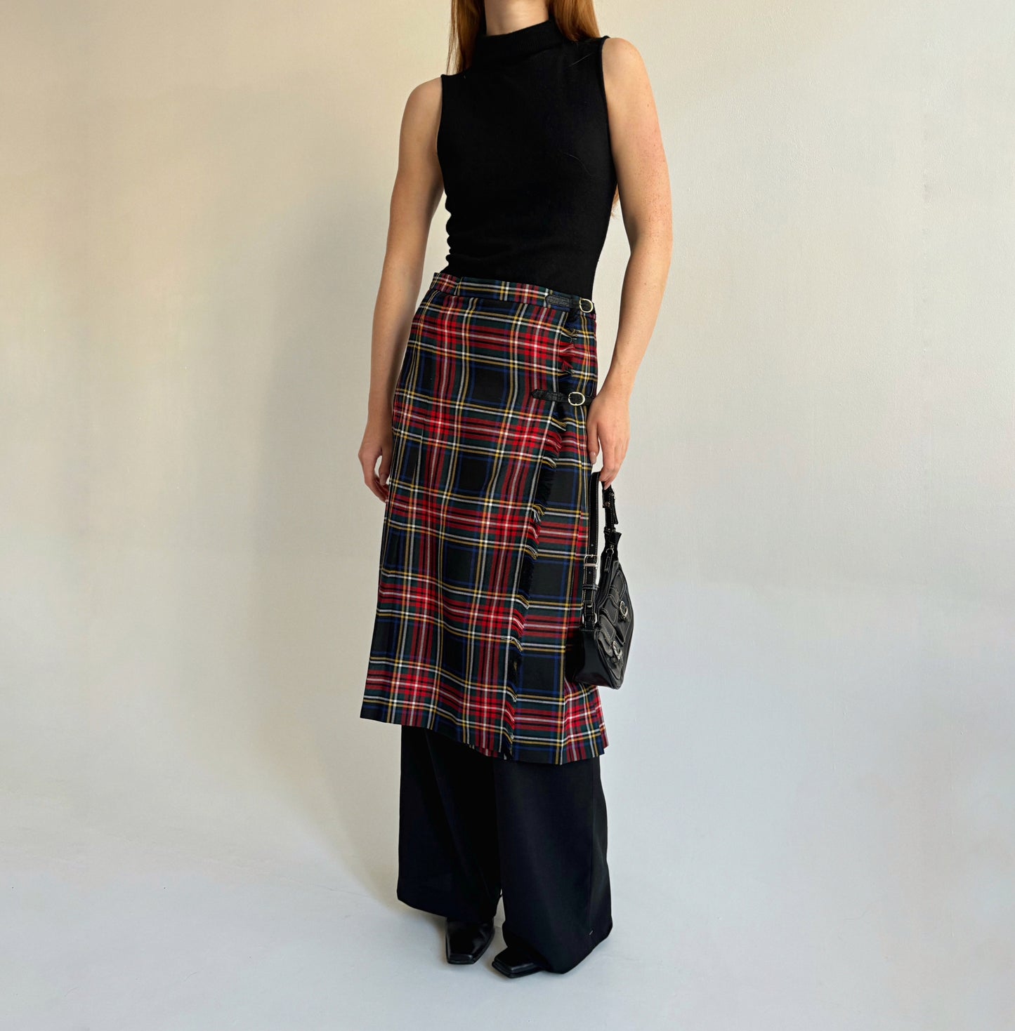 Vintage kilt checked tartan midi skirt