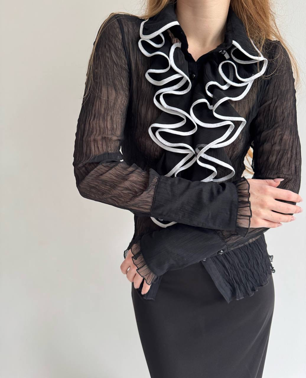 Vintage sheer pleated blouse with ruffles
