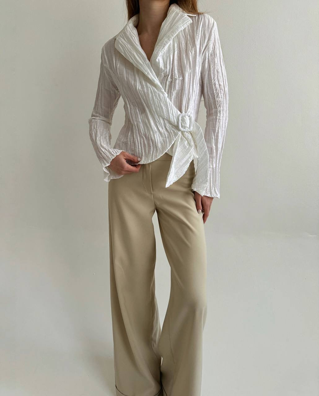 Vintage white wrap blouse with side buckle
