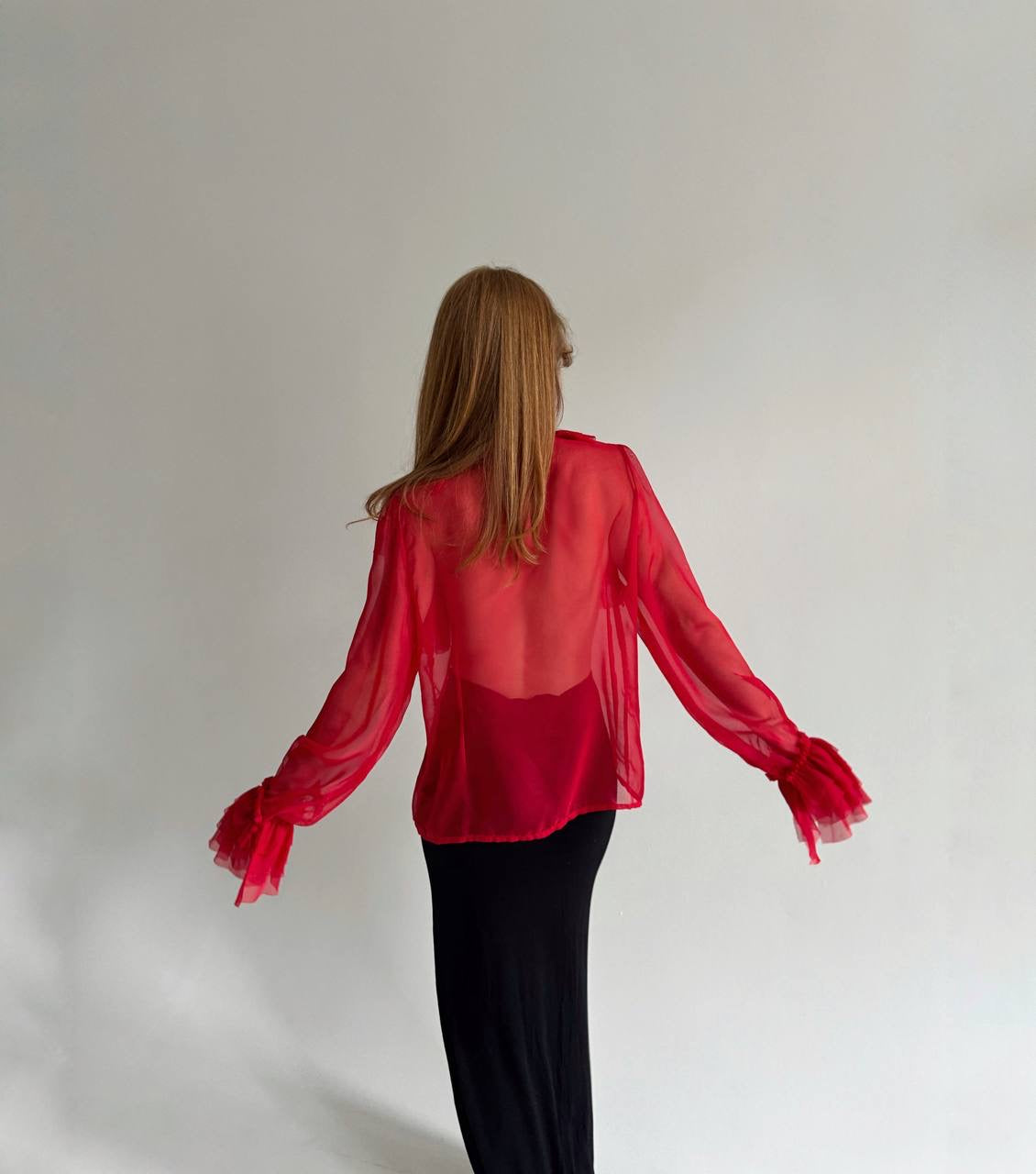 Vintage semi transparent red blouse with raw trim ruffles and chest bow