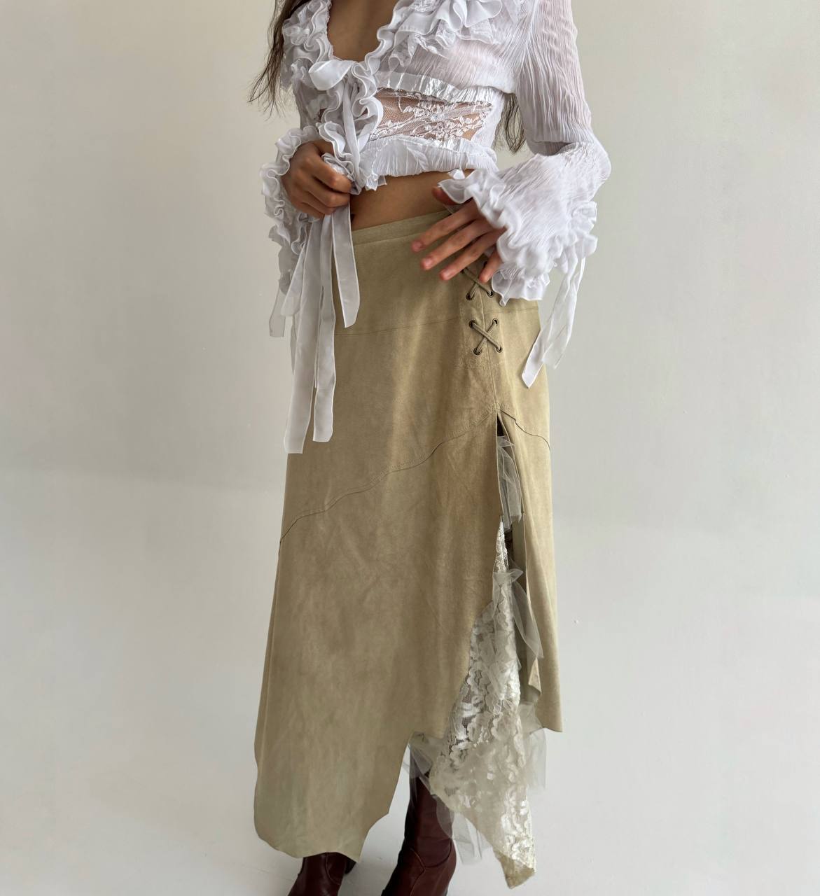 Vintage genuine leather asymmetrical skirt with lace