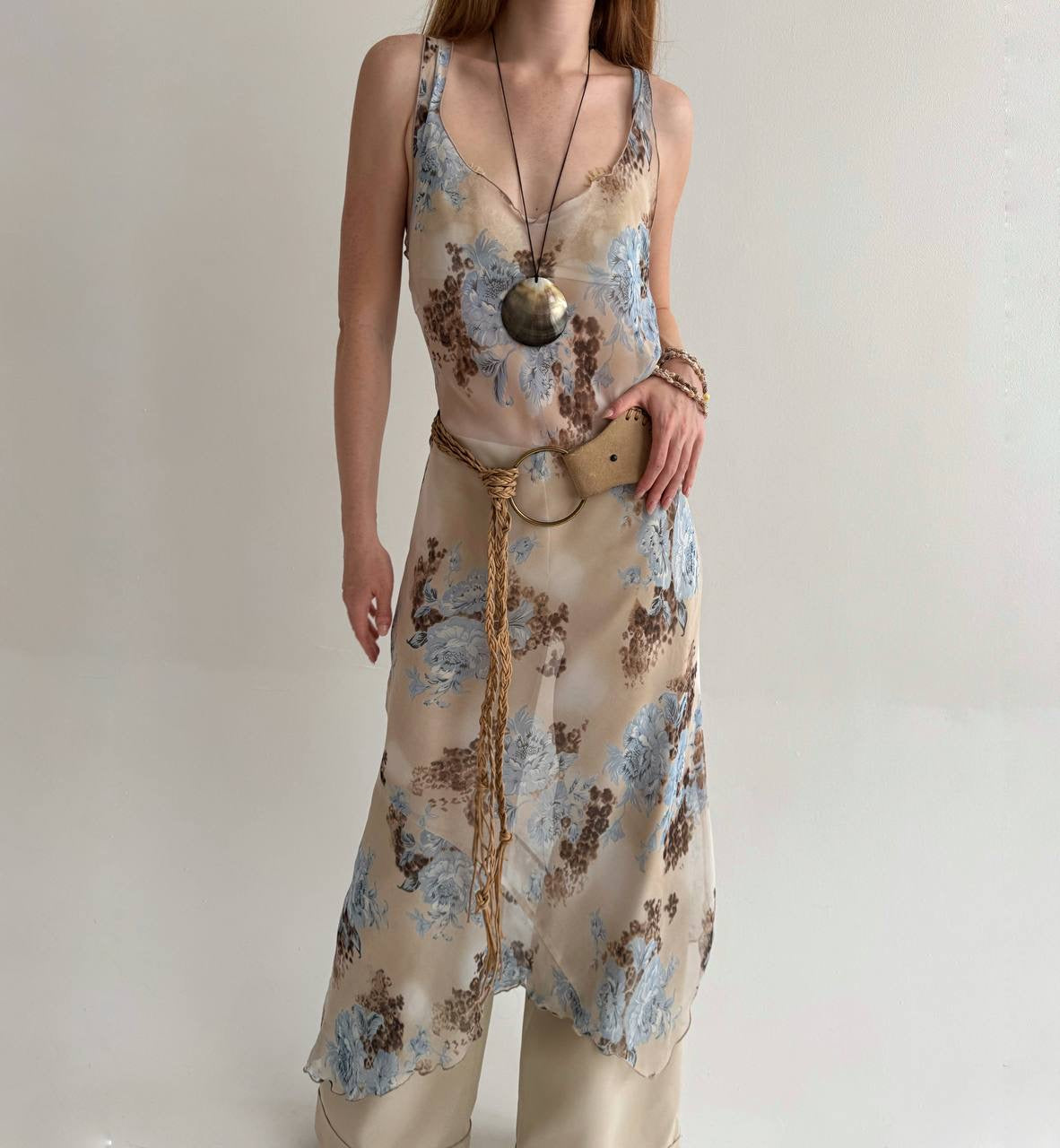 Vintage asymmetrical flower print maxi dress