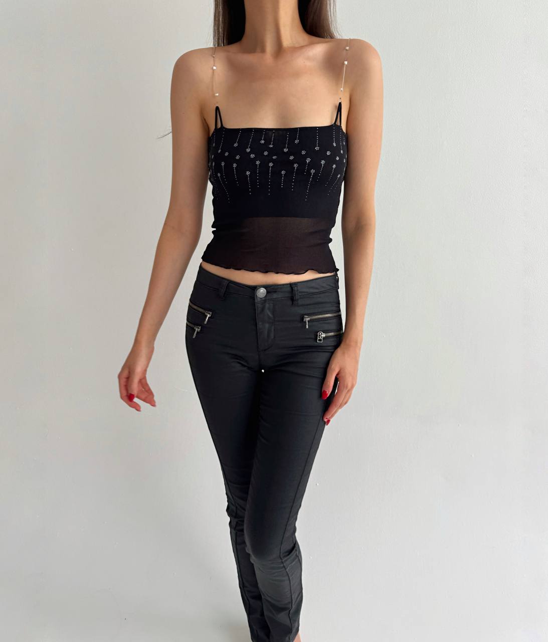 Vintage mesh black beaded straps top