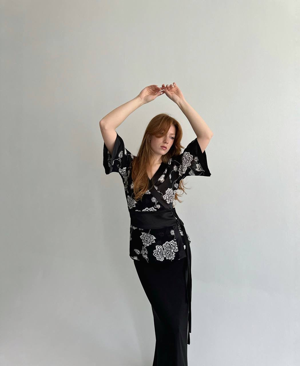 Vintage viscose flower print blouse with side ties