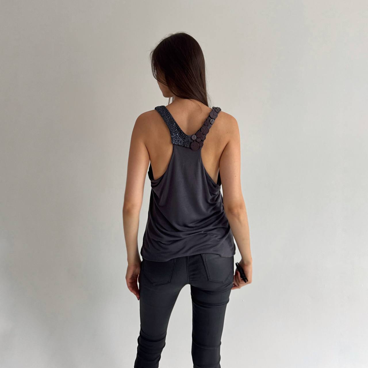 Max Mara grey top with beads and buttons